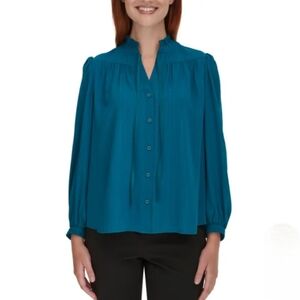 DKNY Women's Lurex Blouse Teal Blue Long Sleeve Ruffle Top NWOT